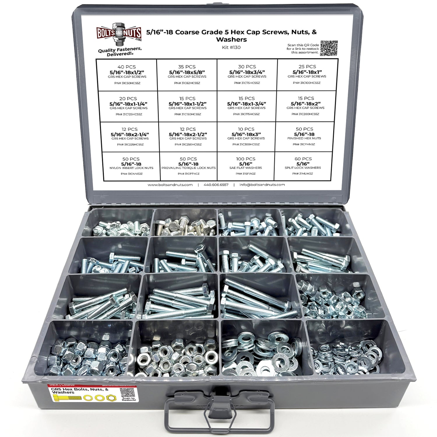 5/16"-18 Coarse Grade 5 Hex Cap Screws, Nuts, & Washers - 540 PCS