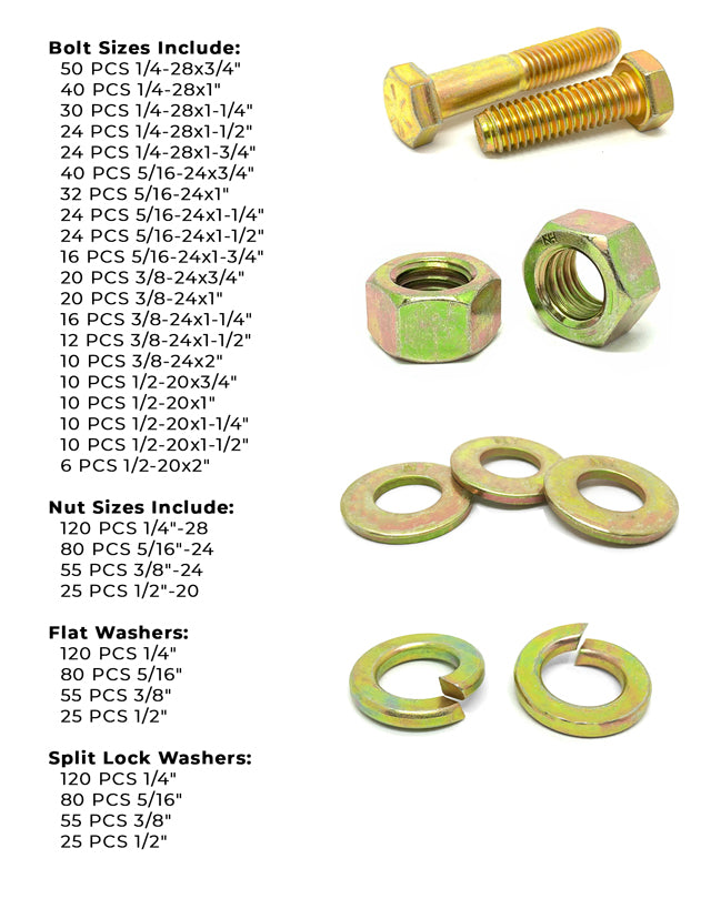 Inch Grade 8 Hex Cap Screws, Hex Nuts, Flat & Lock Washers Fine Thread Zinc Yellow 1/4", 5/16" 3/8", & 1/2" - 1269 PCS