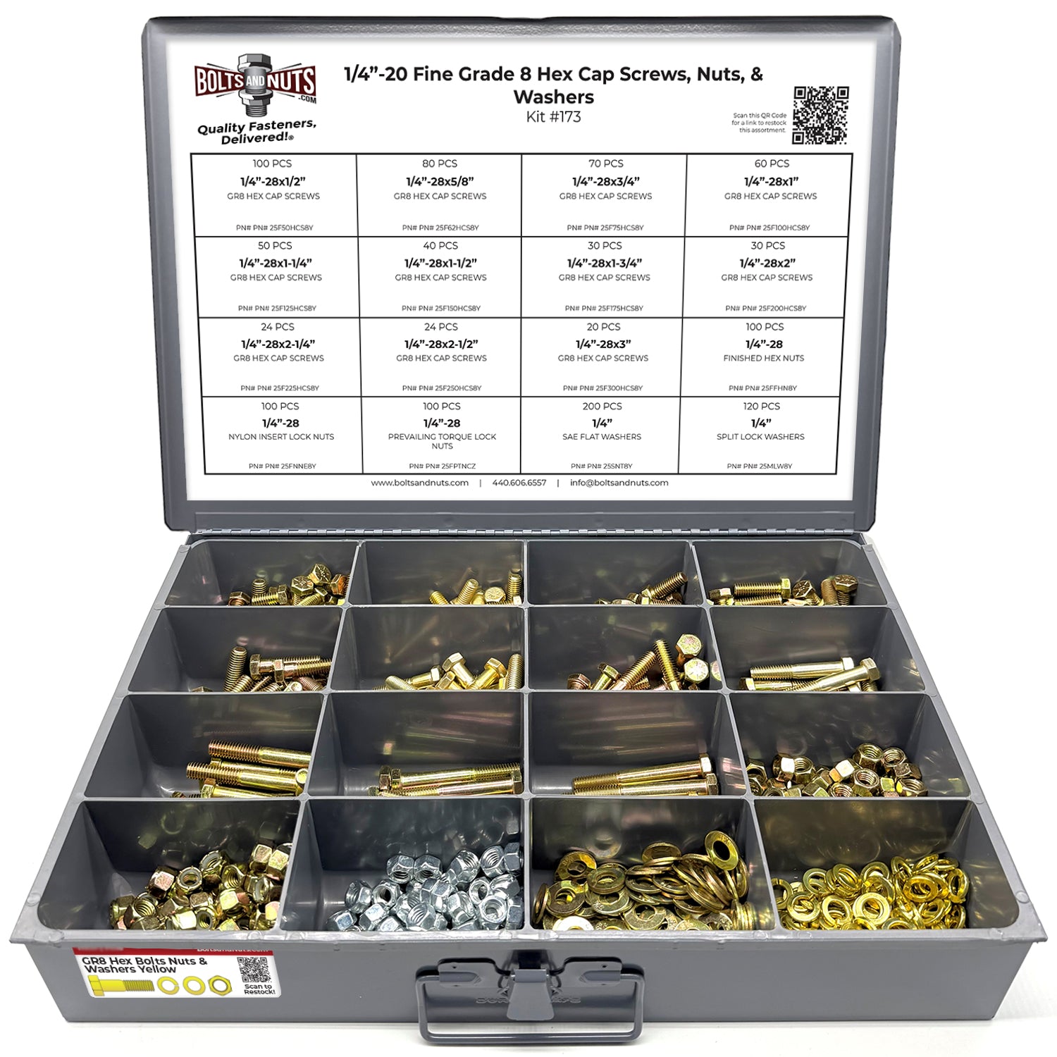 1/4"-28 Fine Grade 8 Hex Cap Screws, Nuts, & Washers - 1149 PCS