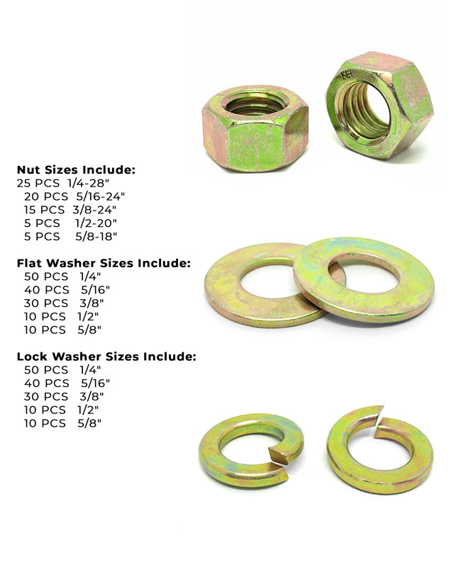 Inch Grade 8 Fine Hex Nut, Flat & Lock Washers Assortment - 351 Pcs