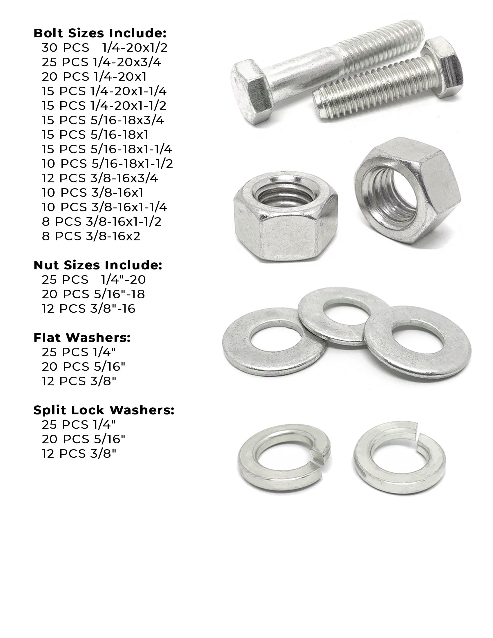 Inch 18-8 Stainless Steel Hex Cap Screws, Hex Nuts, Flat & Lock Washers - 380 PCS