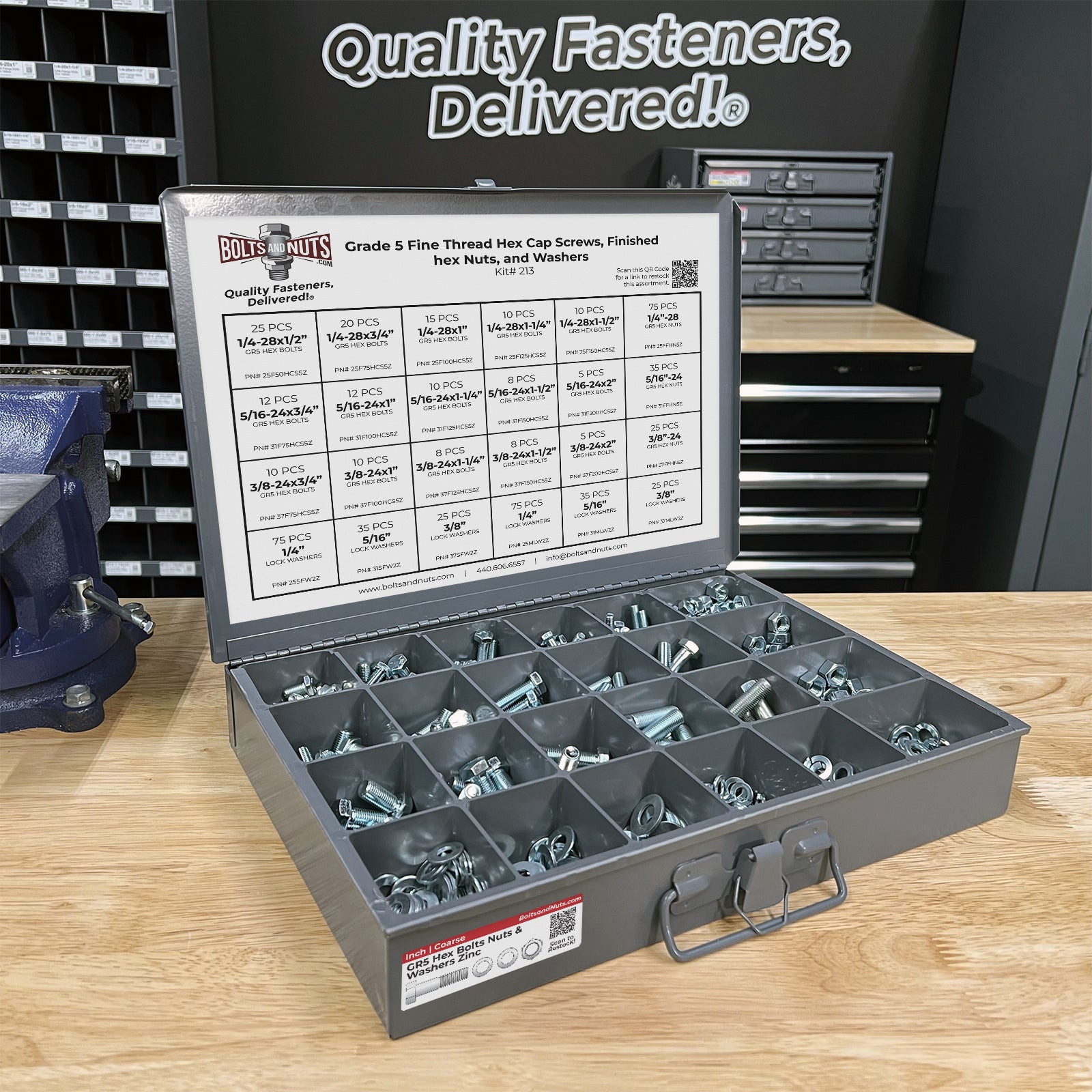 Inch Grade 5 FINE Hex Cap Screws, Hex Nuts, Flat & Lock Washers - 574PCS