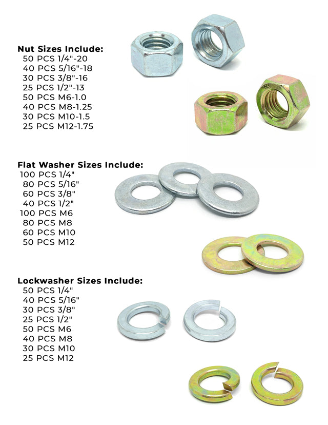 Inch & Metric Grade 8 Hex Nut, Flat & Lock Washer Assortment - 1151 PCS