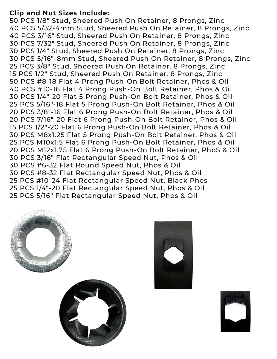 Inch and Metric Push-On Bolt Retainers and Speed Nuts Assortment - 696 PCS