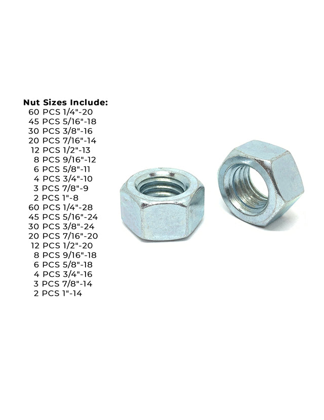 Grade 5 Finished Hex Nut Coarse & Fine Zinc Clear Assortment - 381 pcs