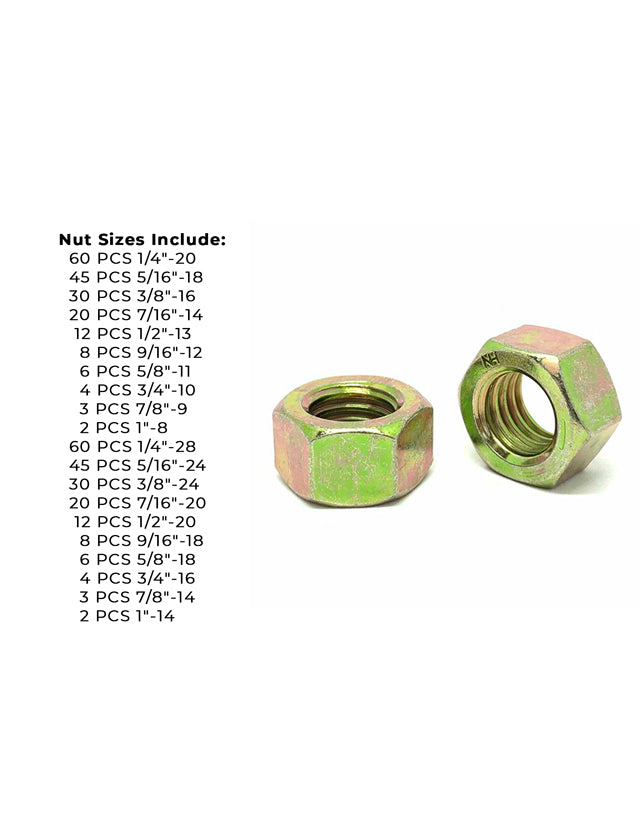 Grade 8 Finished Hex Nut Coarse & Fine Zinc Yellow Assortment - 381 pcs