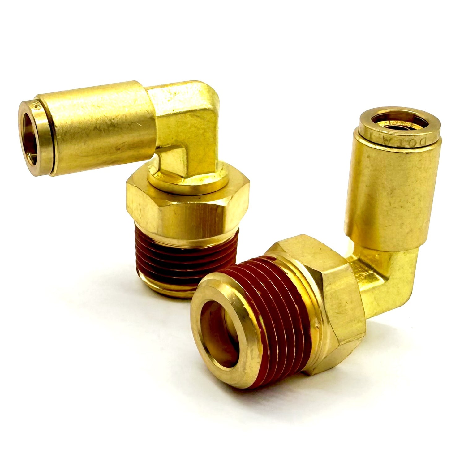 1/4" Tube to 1/8" NPT 90 Degree Elbow Male Pipe Connector, Brass D.O.T. Push to Connect Air Brake Fitting with Red Acrylic Thread Sealant