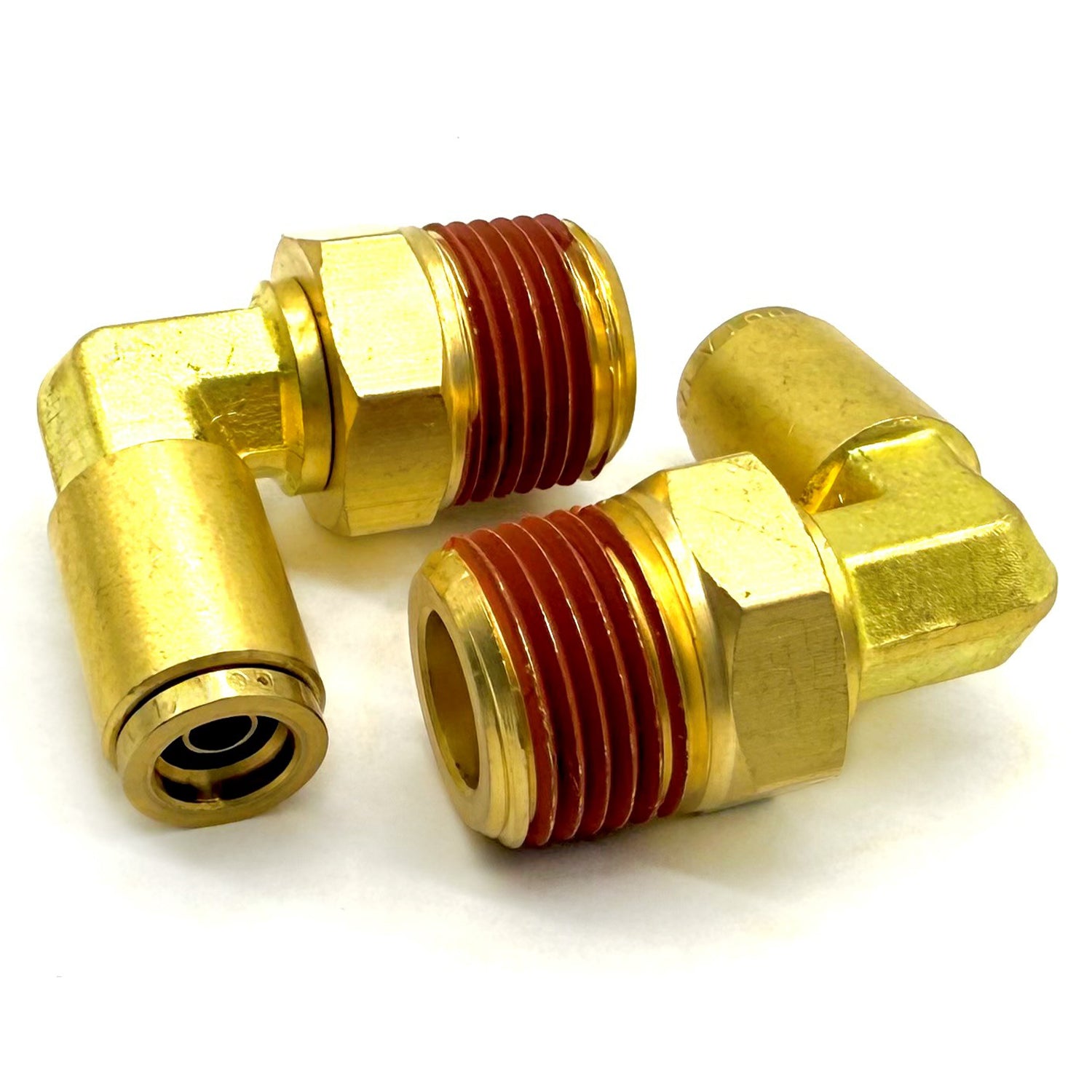 1/8" Tube to 1/4" NPT 90 Degree Elbow Male Pipe Connector, Brass D.O.T. Push to Connect Air Brake Fitting with Red Acrylic Thread Sealant