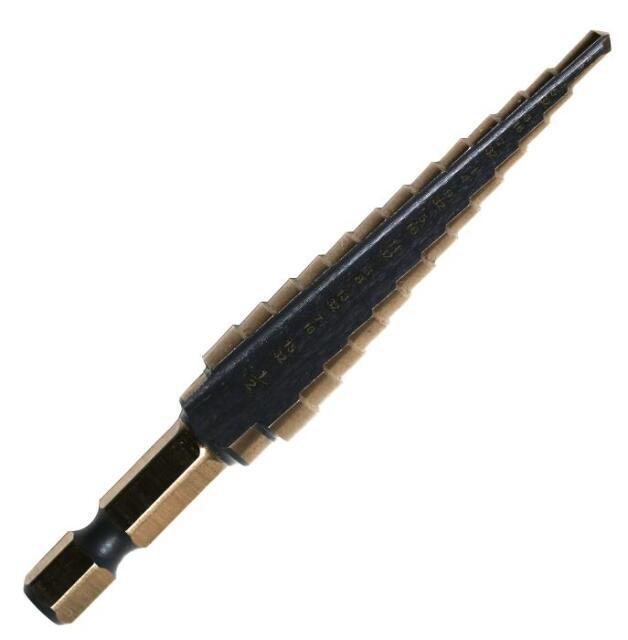 #1 High Speed Steel Black & Gold Quick Change Hex Shank Step Drill Bit, (1/8"- 1/2 by 1/32")