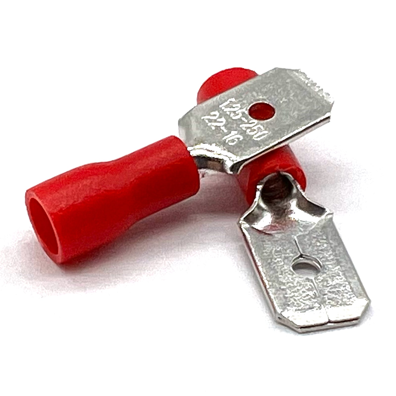 Red PVC/Vinyl Male Spade Crimp Connector, AWG 22-16