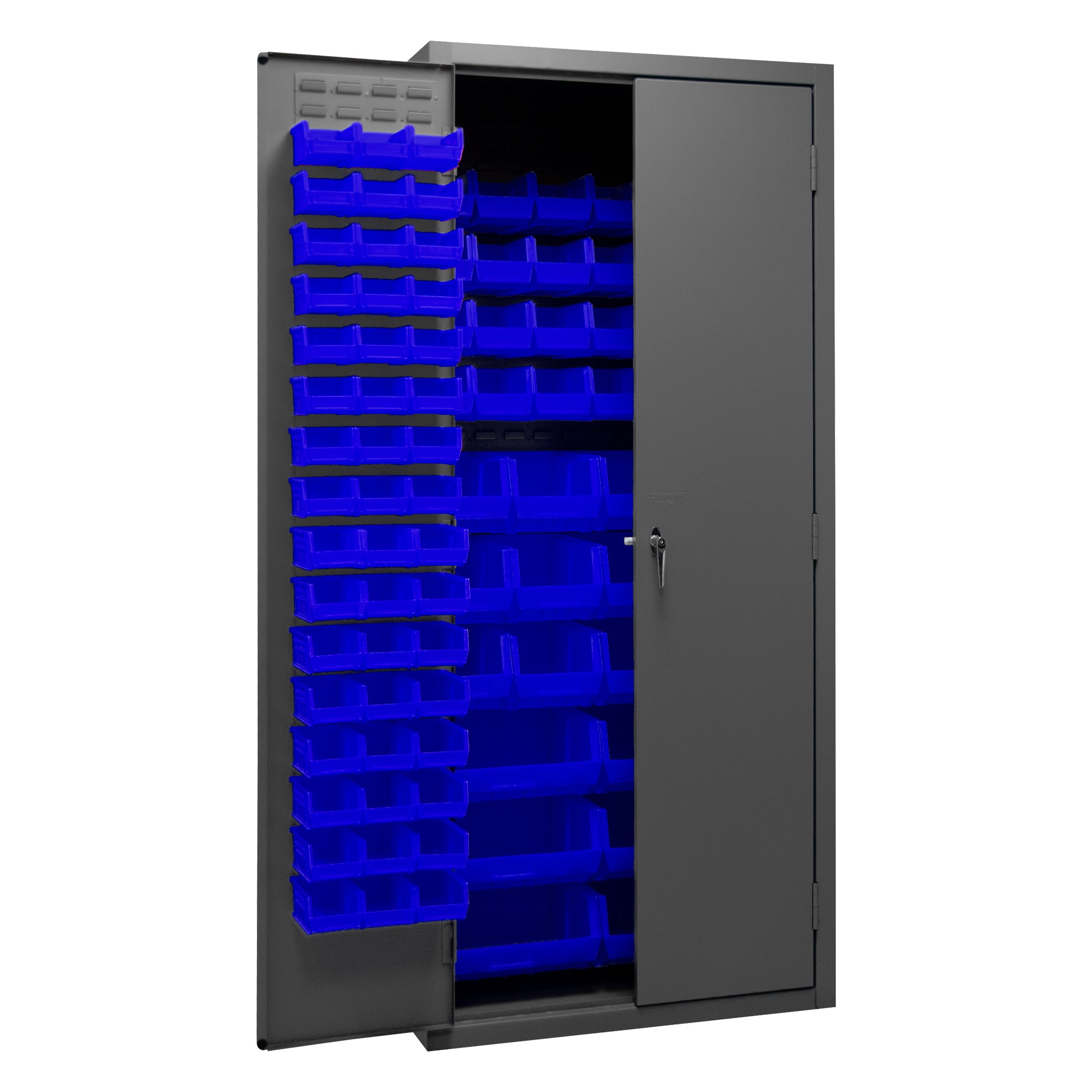 Metal Locking Storage Cabinet with 138 Blue Hook-On-Bins