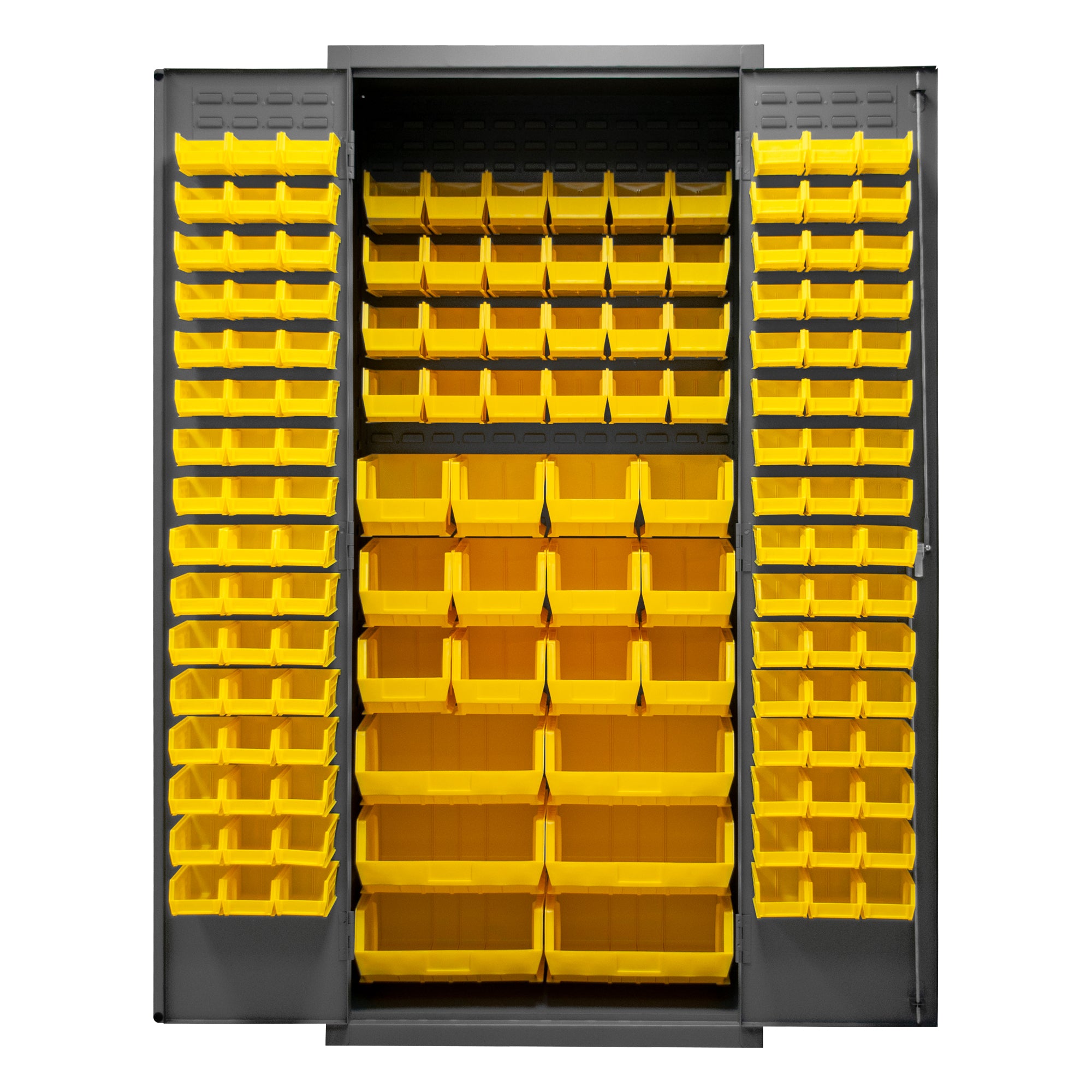 Metal Locking Storage Cabinet with 138 Yellow Hook-On-Bins