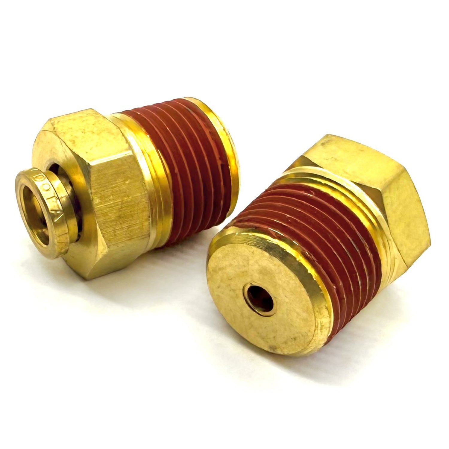 1/2" Tube to 1/4" NPT Straight Male Pipe Connector, Brass D.O.T. Push to Connect Air Brake Fitting with Red Acrylic Thread Sealant