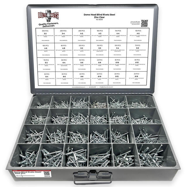 Dome Head Blind Pop Rivets Steel/Steel Mandrel Zinc Clear Assortment - 2036 PCS