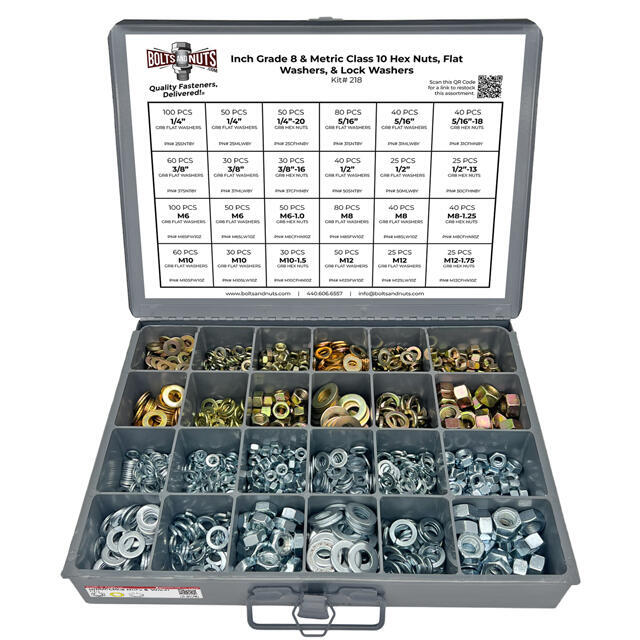 Inch & Metric Grade 8 Hex Nut, Flat & Lock Washer Assortment