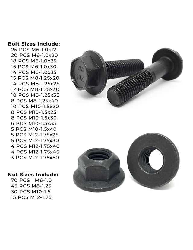 Metric Class 10.9 Hex Flange Frame Bolts & Nuts Assortment Phos & Oil - 370 PCS