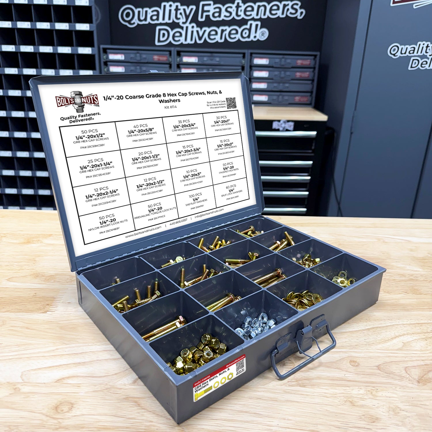 1/4"-28 Fine Grade 8 Hex Cap Screws, Nuts, & Washers - 575 PCS