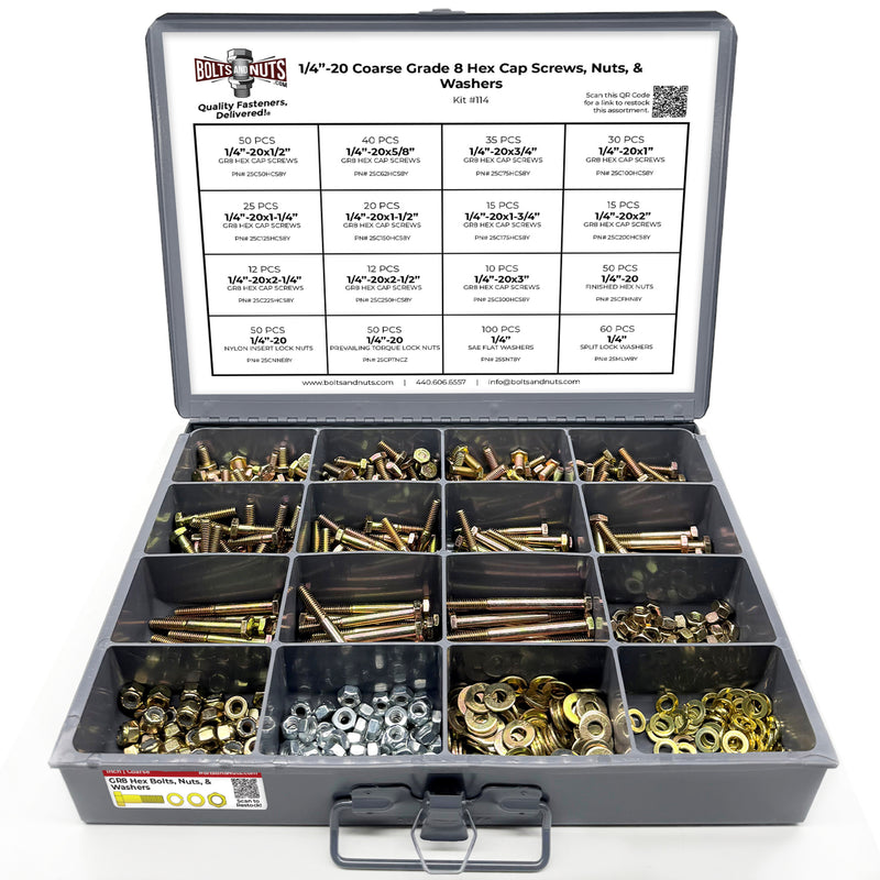 1/4"-20 Coarse Grade 8 Hex Cap Screws, Nuts, & Washers - 575 PCS