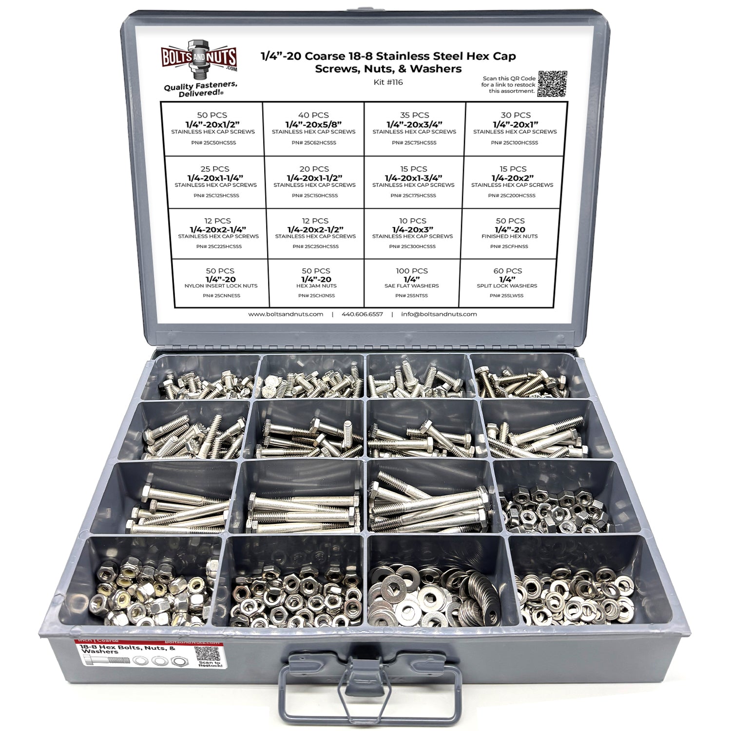 1/4"-20 Coarse 18-8 Stainless Steel Hex Cap Screws, Nuts, & Washers - 575 PCS