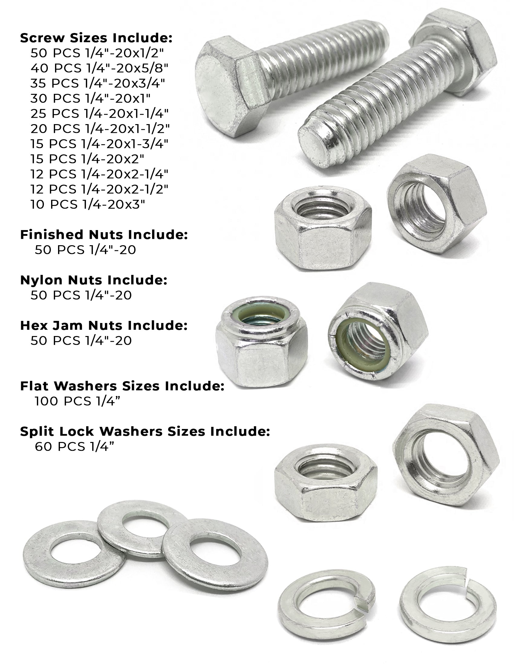 1/4"-20 Coarse 18-8 Stainless Steel Hex Cap Screws, Nuts, & Washers - 575 PCS