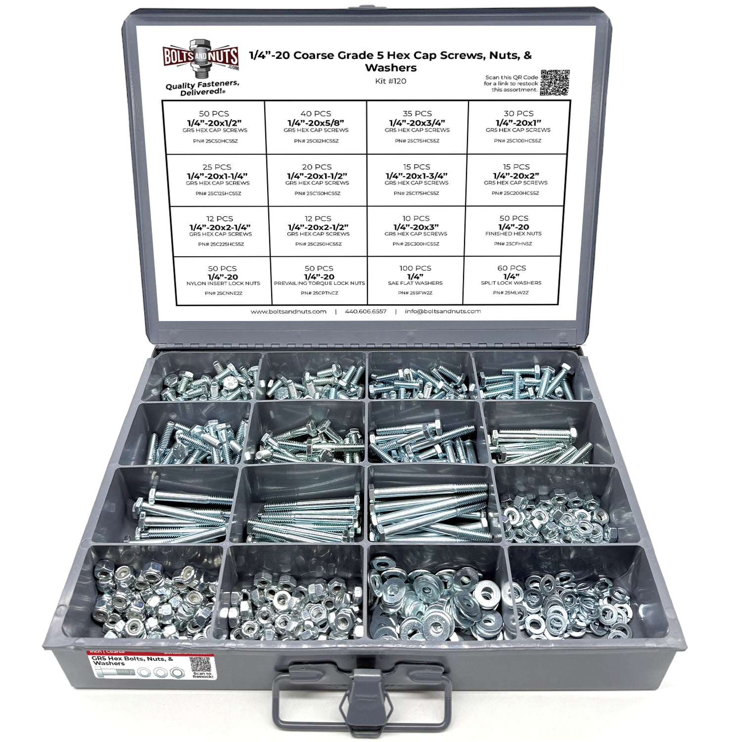1/4"-28 Fine Grade 5 Hex Cap Screws, Nuts, & Washers - 575 PCS