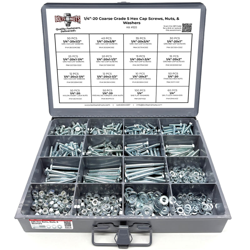 1/4"-28 Fine Grade 5 Hex Cap Screws, Nuts, & Washers - 575 PCS