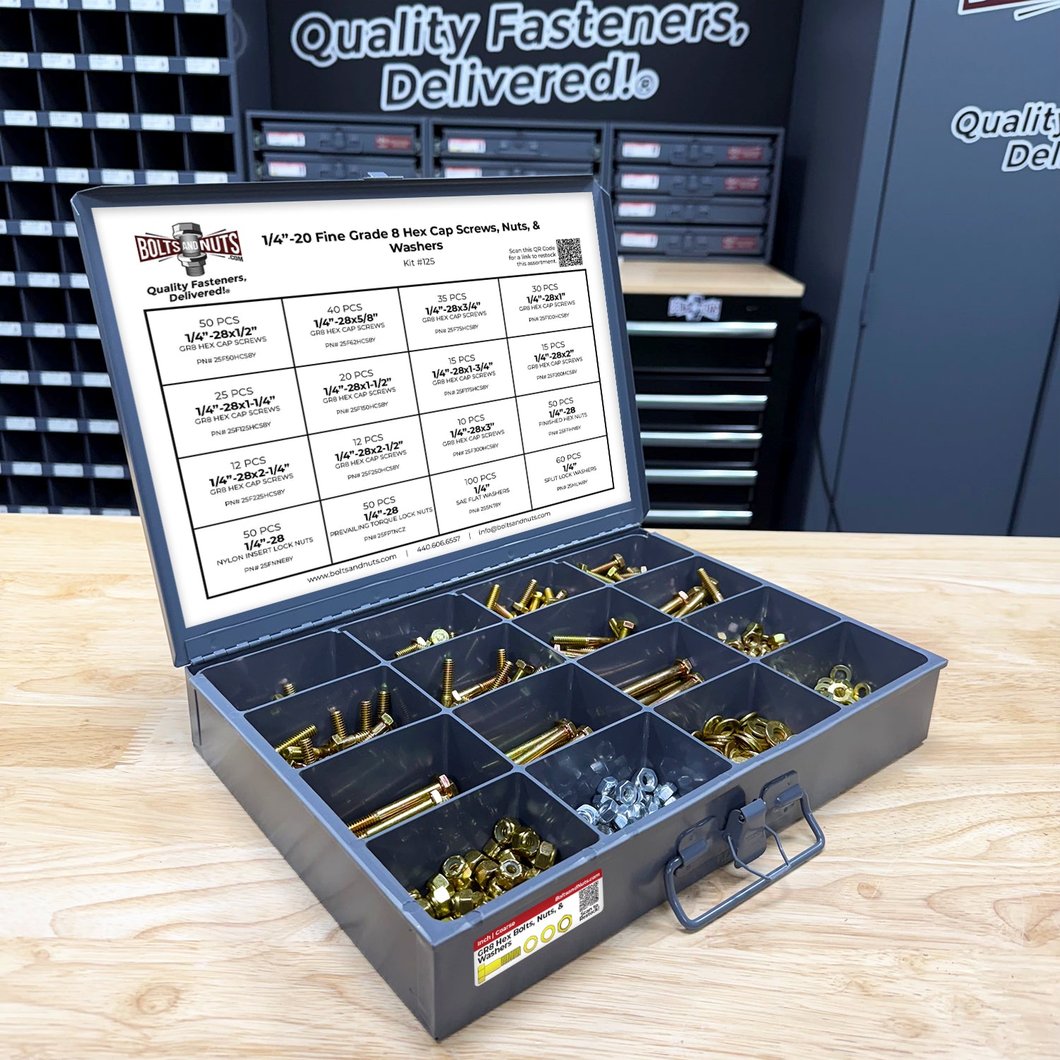 1/4"-28 Fine Grade 8 Hex Cap Screws, Nuts, & Washers - 575 PCS