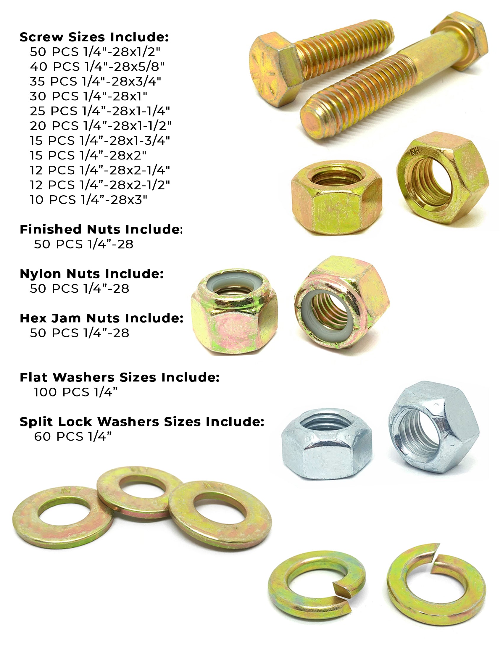 1/4"-28 Fine Grade 8 Hex Cap Screws, Nuts, & Washers - 575 PCS