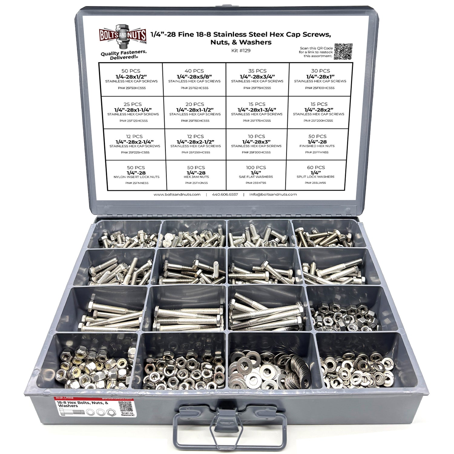 1/4"-28 Fine 18-8 Stainless Steel Hex Cap Screws, Nuts, & Washers - 575 PCS