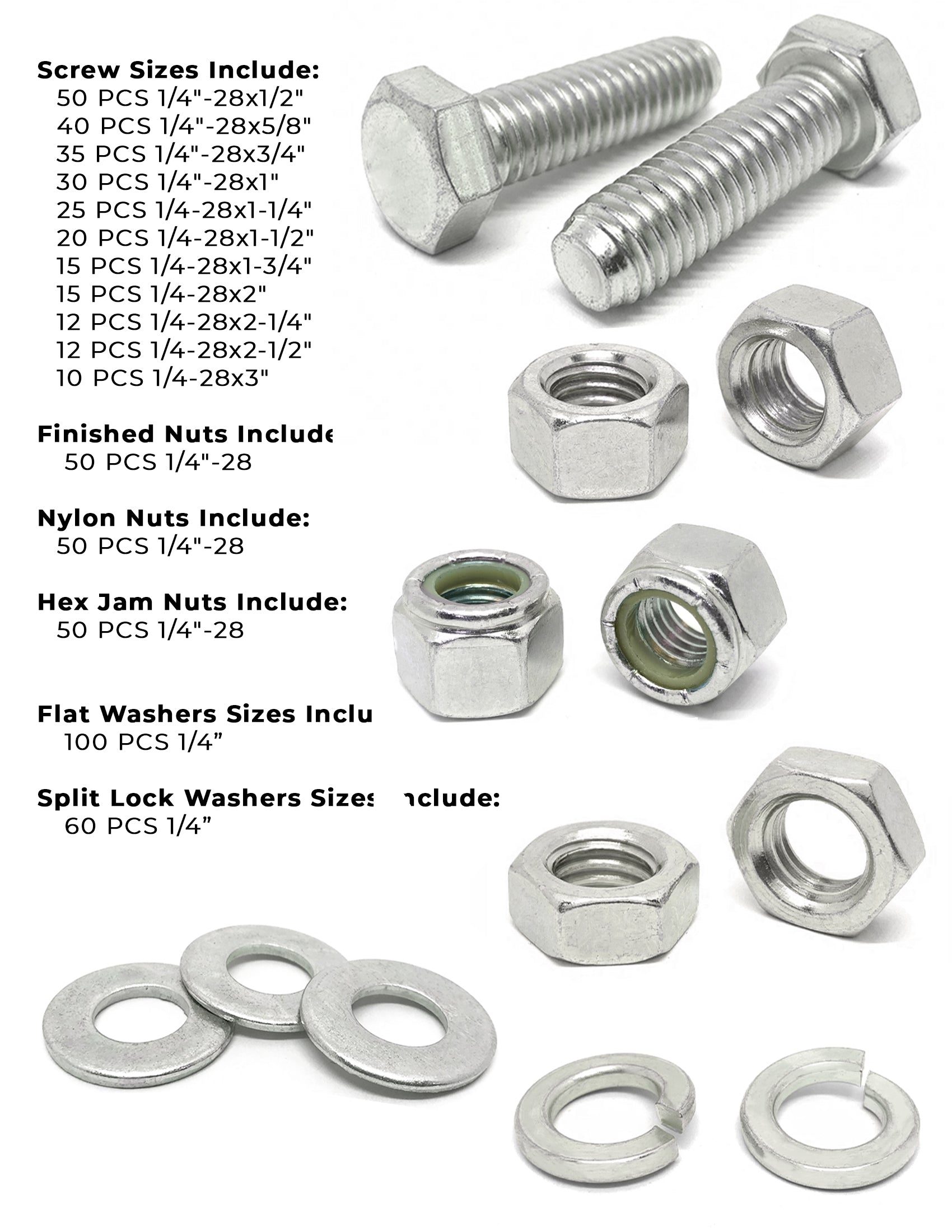 1/4"-28 Fine 18-8 Stainless Steel Hex Cap Screws, Nuts, & Washers - 575 PCS