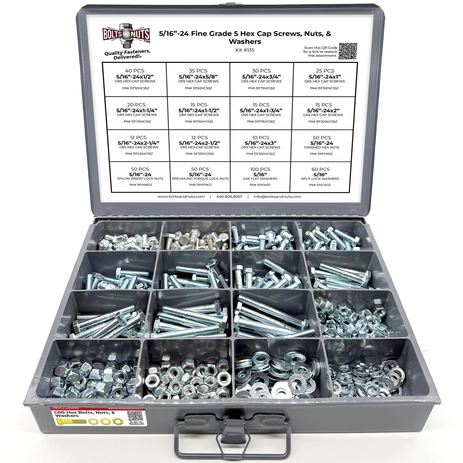 5/16"-24 Fine Grade 5 Hex Cap Screws, Nuts, & Washers - 540 PCS