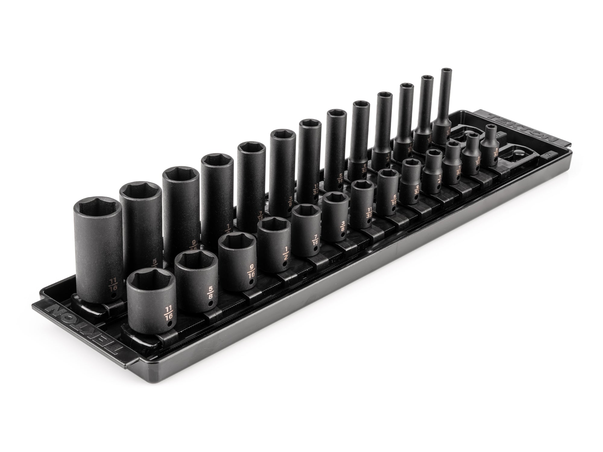 1/4 Inch Drive Shallow and Deep 6-Point Impact Socket Set with Rails and Tray, 26-Piece (5/32 - 11/16 in.)