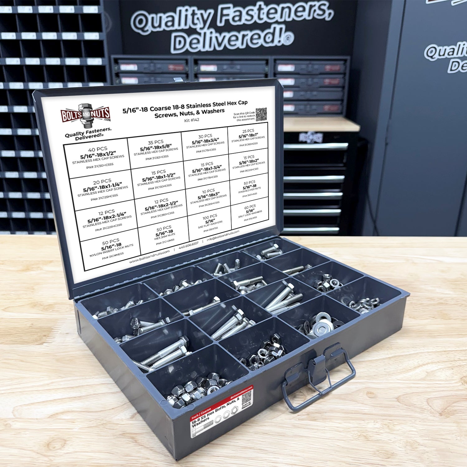 5/16"-18 Coarse 18-8 Stainless Steel Hex Cap Screws, Nuts, & Washers - 540 PCS