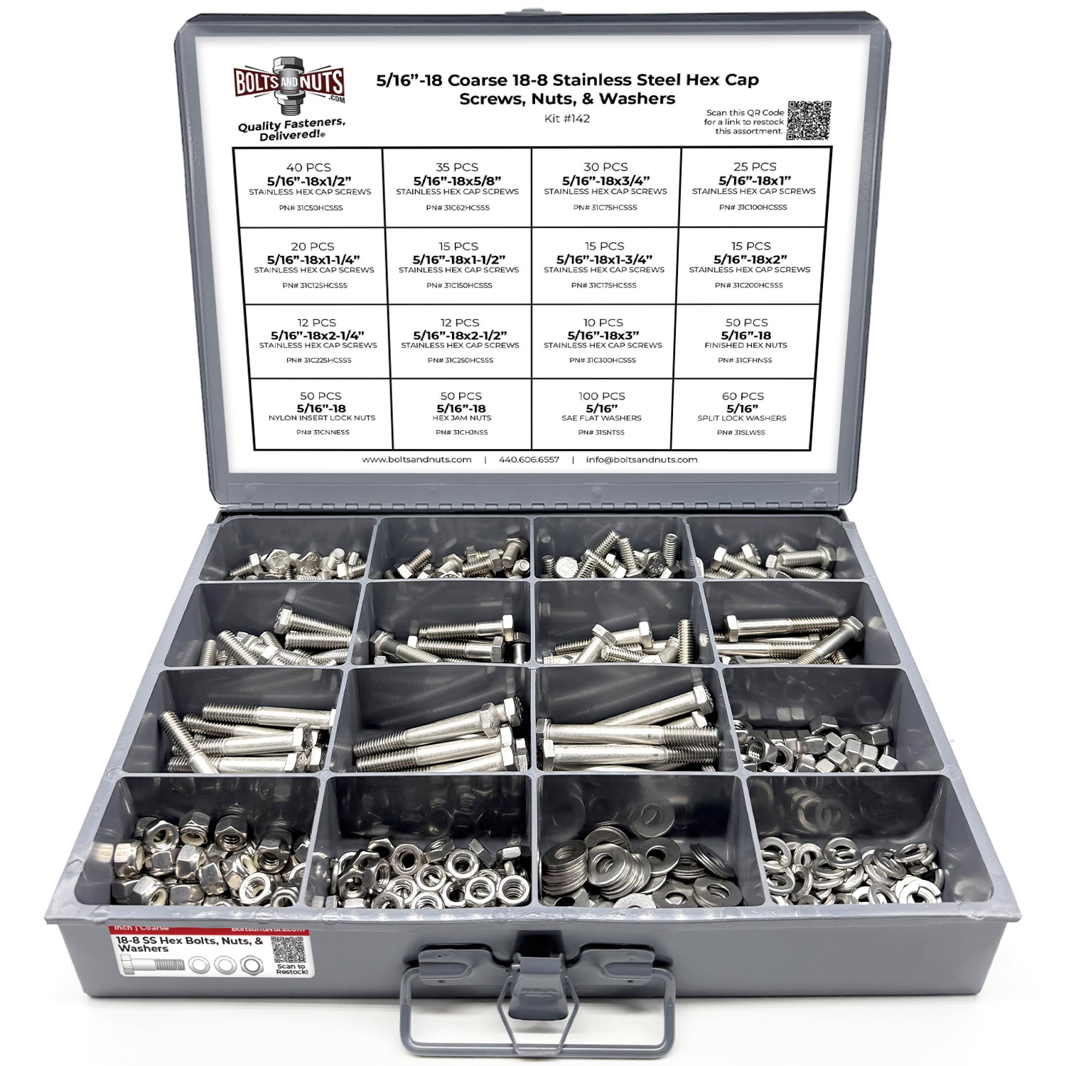 5/16"-18 Coarse 18-8 Stainless Steel Hex Cap Screws, Nuts, & Washers - 540 PCS