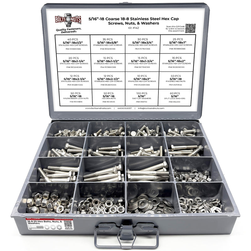 5/16"-18 Coarse 18-8 Stainless Steel Hex Cap Screws, Nuts, & Washers - 540 PCS