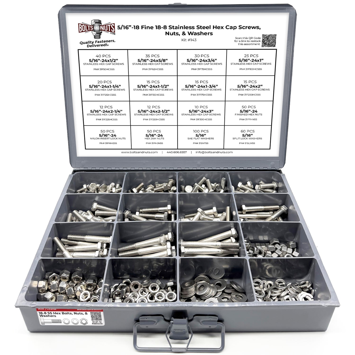 5/16"-24 Fine 18-8 Stainless Steel Hex Cap Screws, Nuts, & Washers - 540 PCS