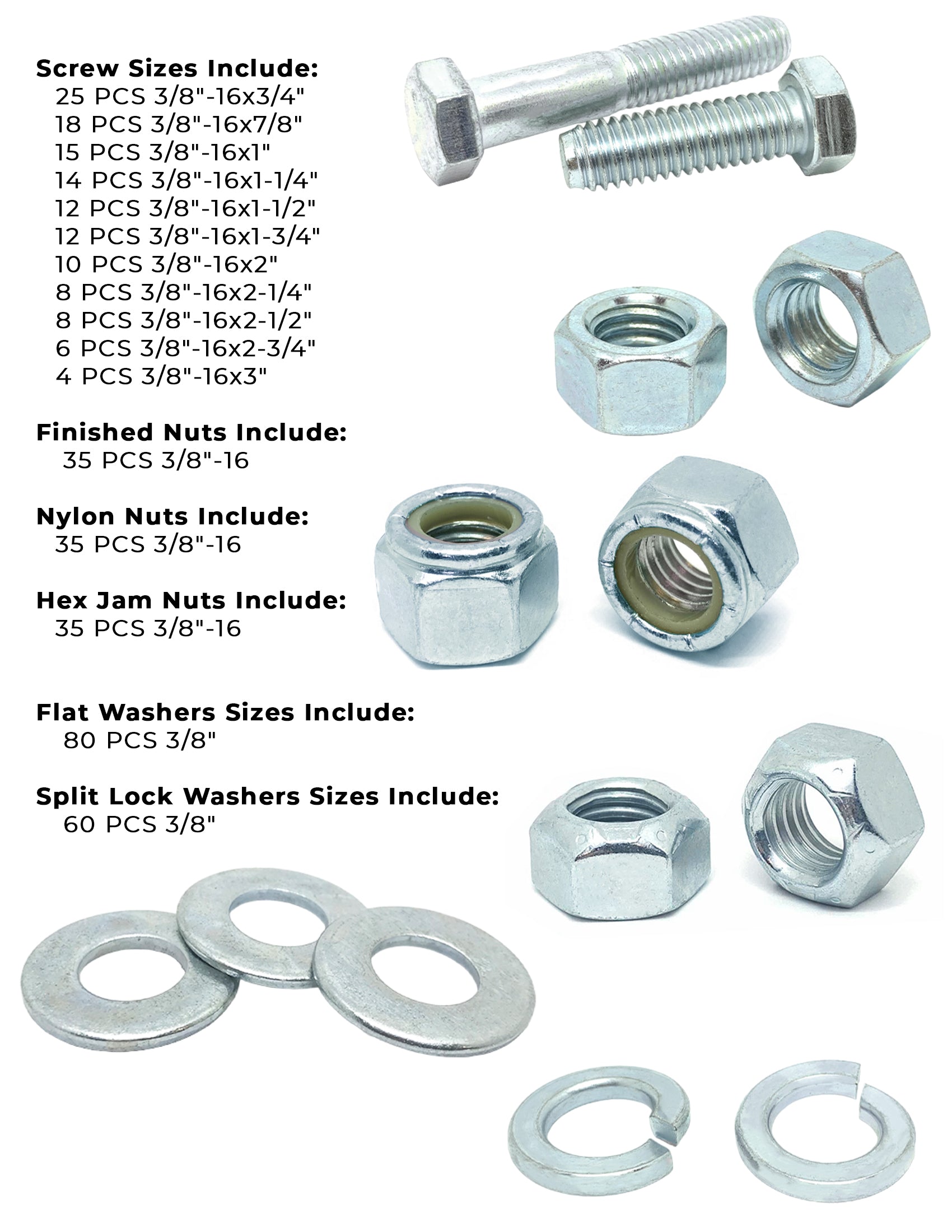 3/8"-16 Coarse Grade 5 Hex Cap Screws, Nuts, & Washers - 378 PCS
