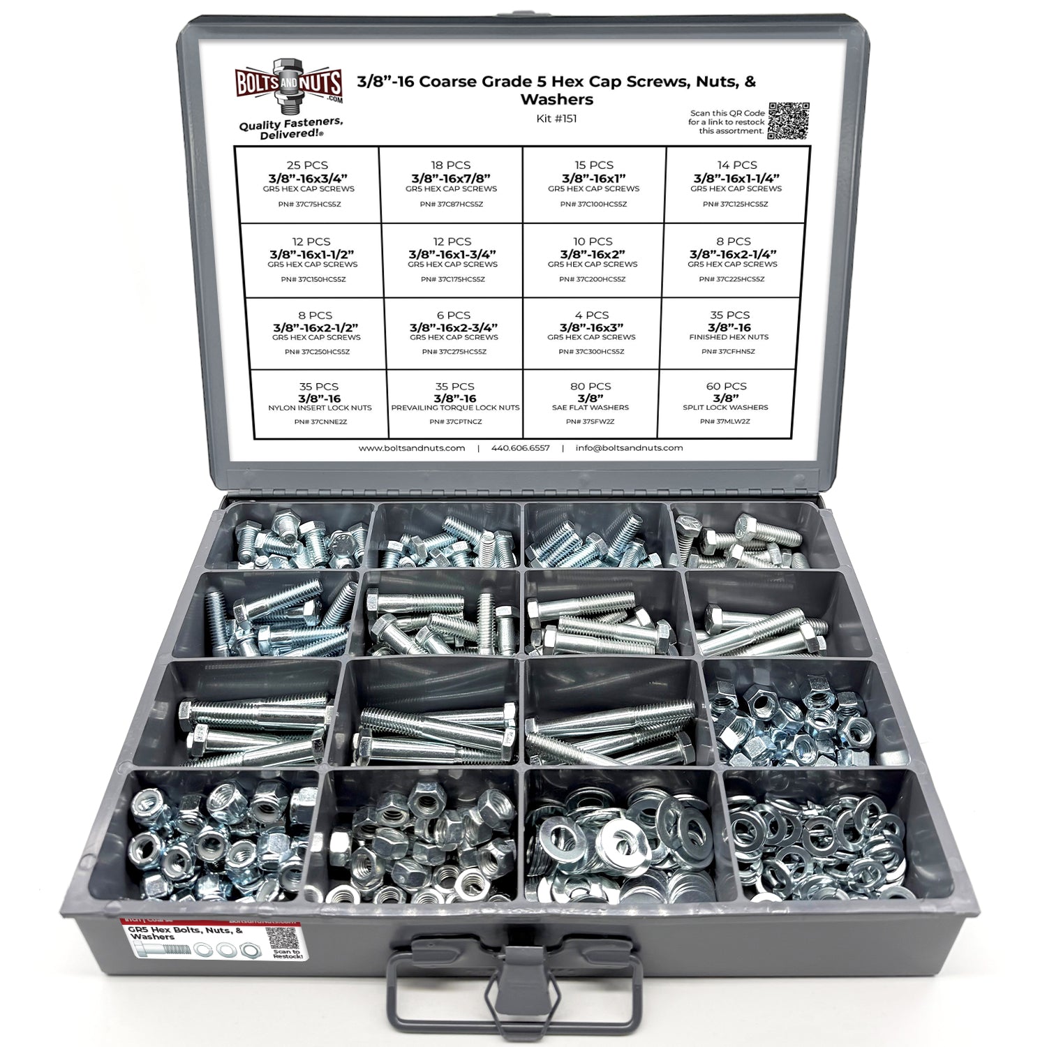 3/8"-16 Coarse Grade 5 Hex Cap Screws, Nuts, & Washers - 378 PCS