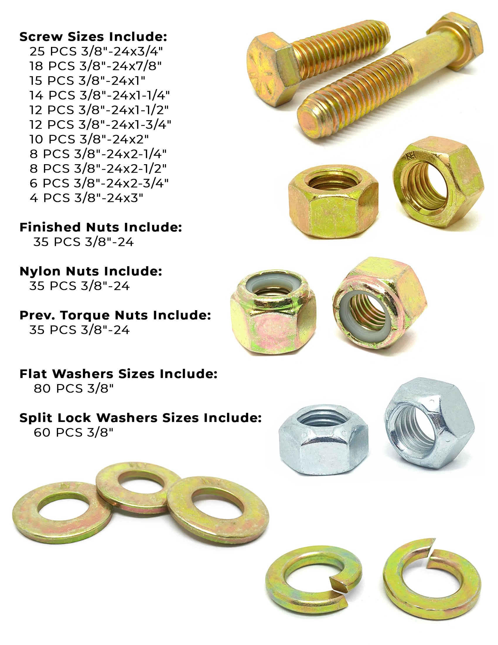 3/8"-24 Fine Grade 8 Hex Cap Screws, Nuts, & Washers - 378 PCS