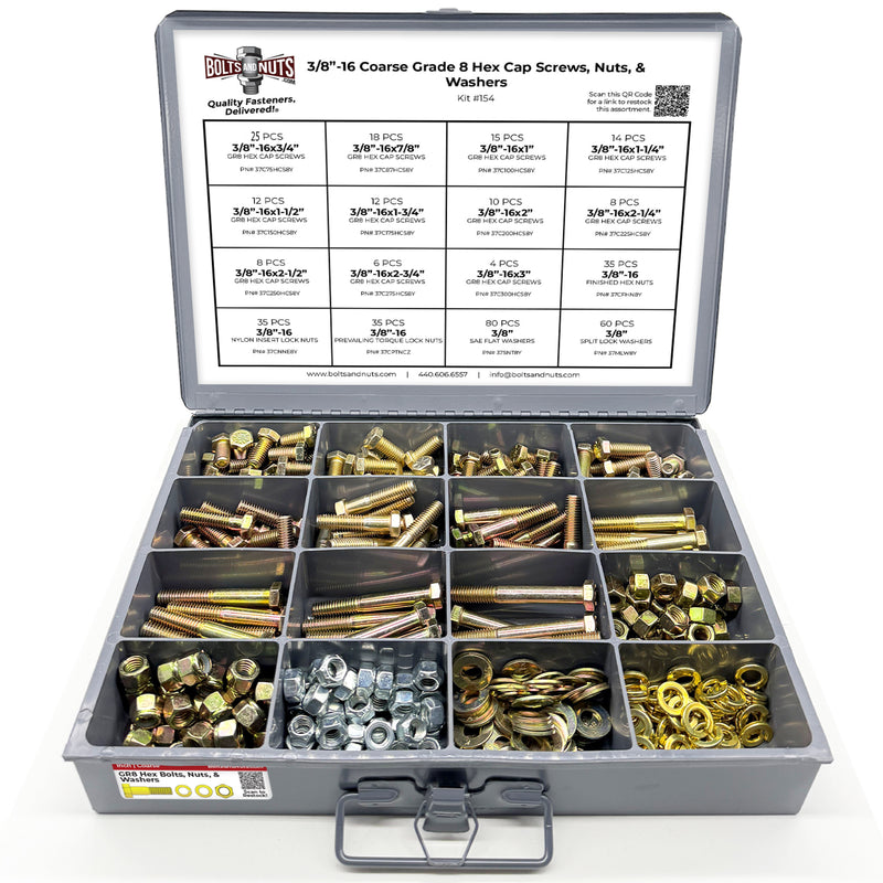 3/8"-16 Coarse Grade 8 Hex Cap Screws, Nuts, & Washers - 378 PCS