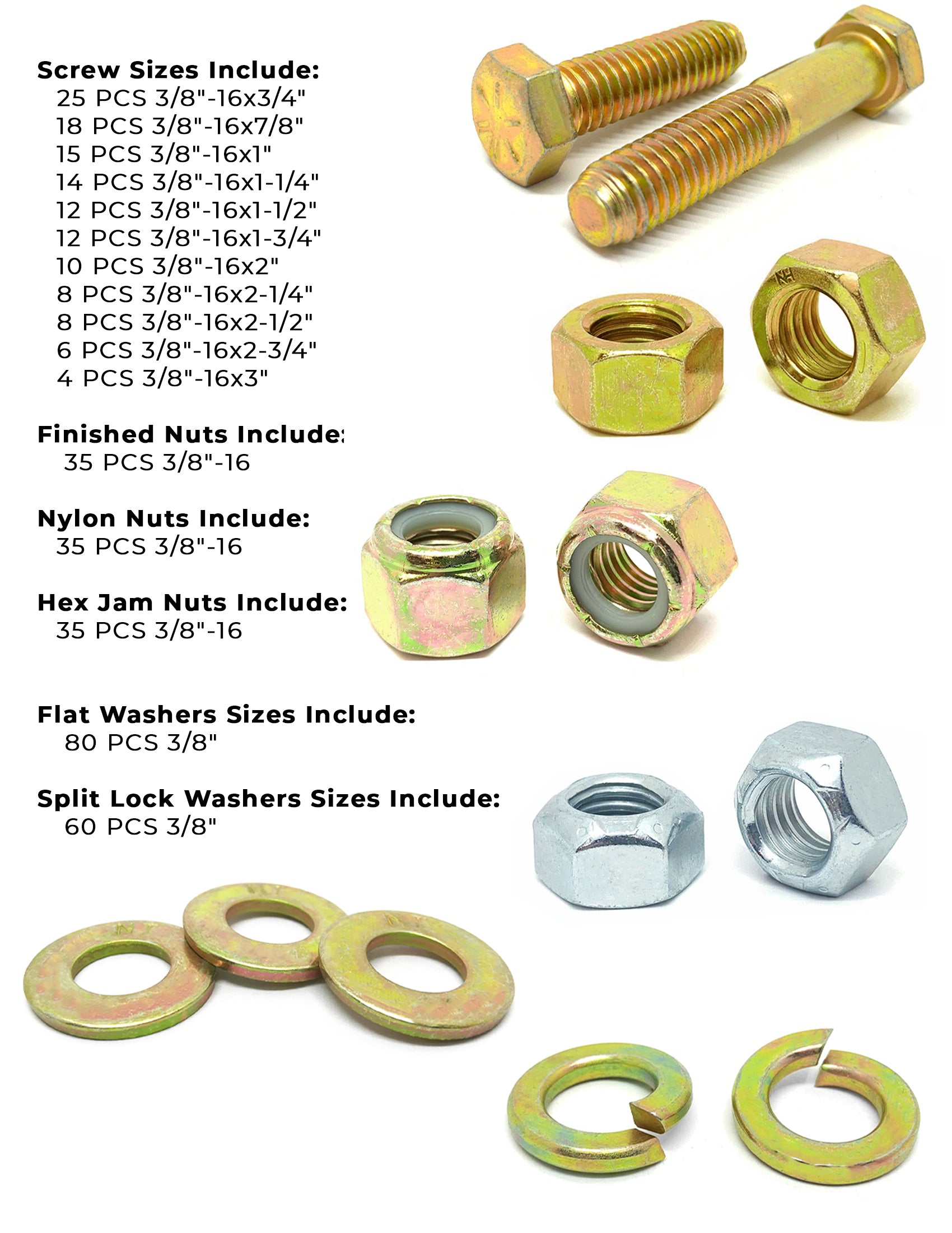 3/8"-16 Coarse Grade 8 Hex Cap Screws, Nuts, & Washers - 378 PCS