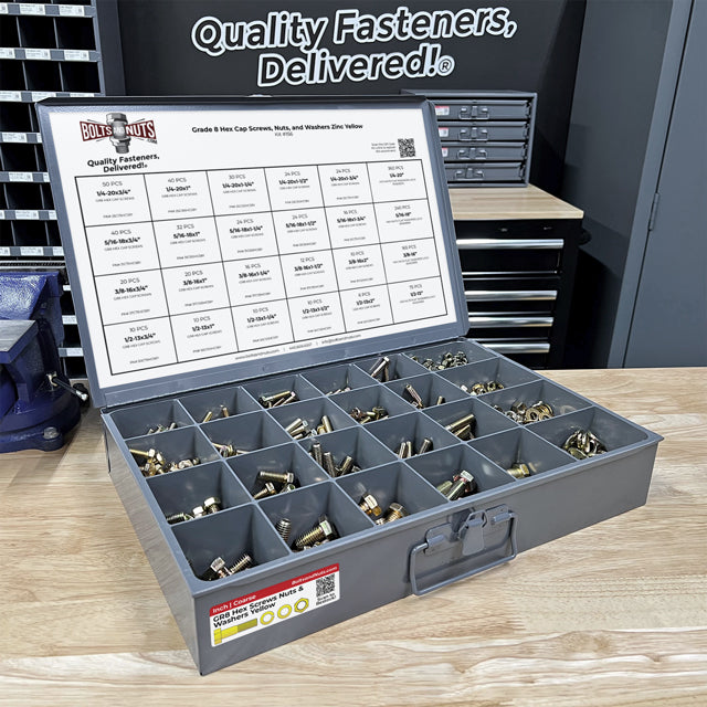Inch Grade 8 Hex Cap Screws, Hex Nuts, Flat & Lock Washers Coarse Thread Zinc Yellow 1/4", 5/16" 3/8", & 1/2"  - 1269 PCS