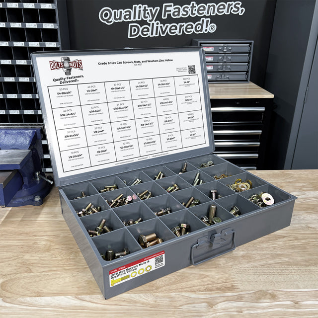 Inch Grade 8 Hex Cap Screws, Hex Nuts, Flat & Lock Washers Fine Thread Zinc Yellow 1/4", 5/16" 3/8", & 1/2" - 1269 PCS