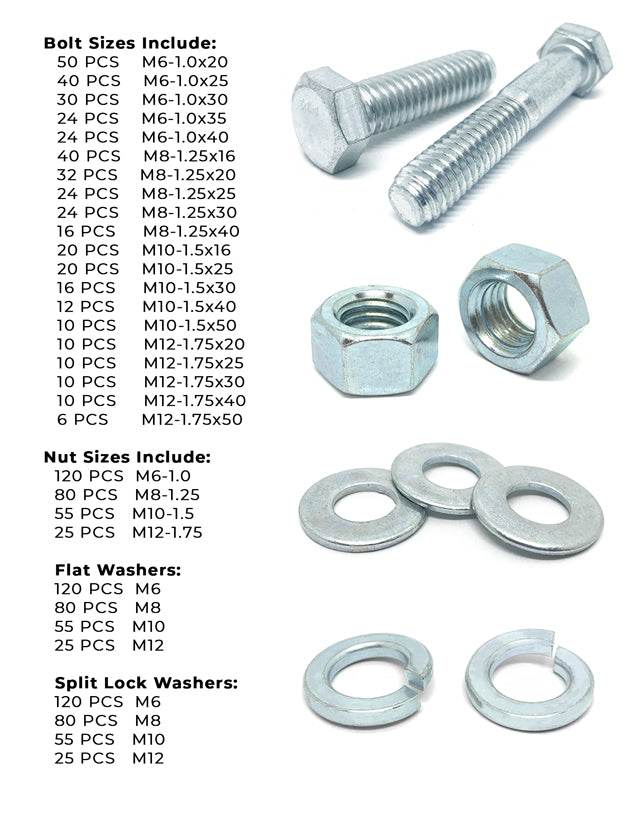 Metric Class 10.9 Hex Cap Screws, Hex Nuts, Flat & Lock Washers Coarse Thread Zinc Clear - 1268 PCS