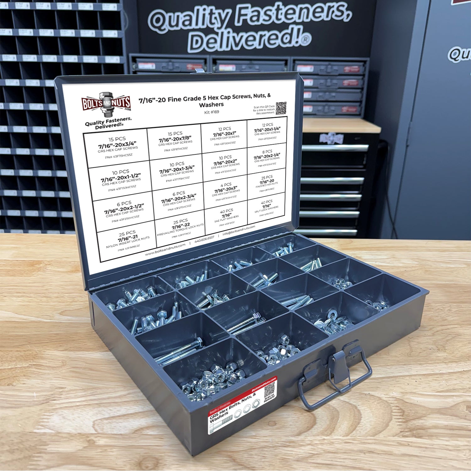 7/16"-20 Fine Grade 5 Hex Cap Screws, Nuts, & Washers - 264 PCS