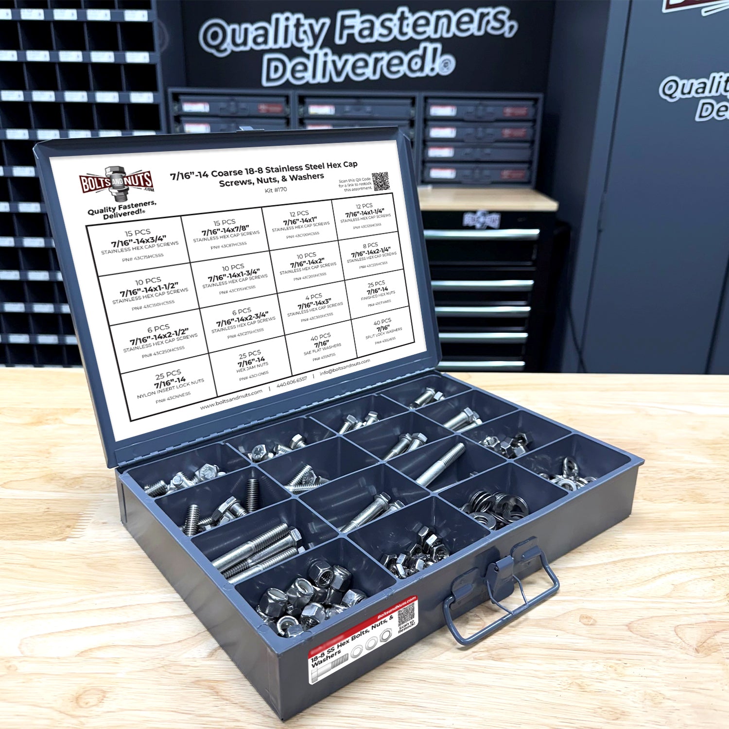 7/16"-14 Coarse 18-8 Stainless Steel Hex Cap Screws, Nuts, & Washers - 264 PCS