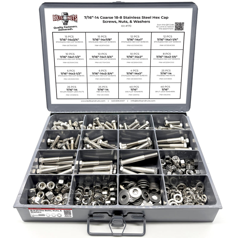 7/16"-14 Coarse 18-8 Stainless Steel Hex Cap Screws, Nuts, & Washers - 264 PCS