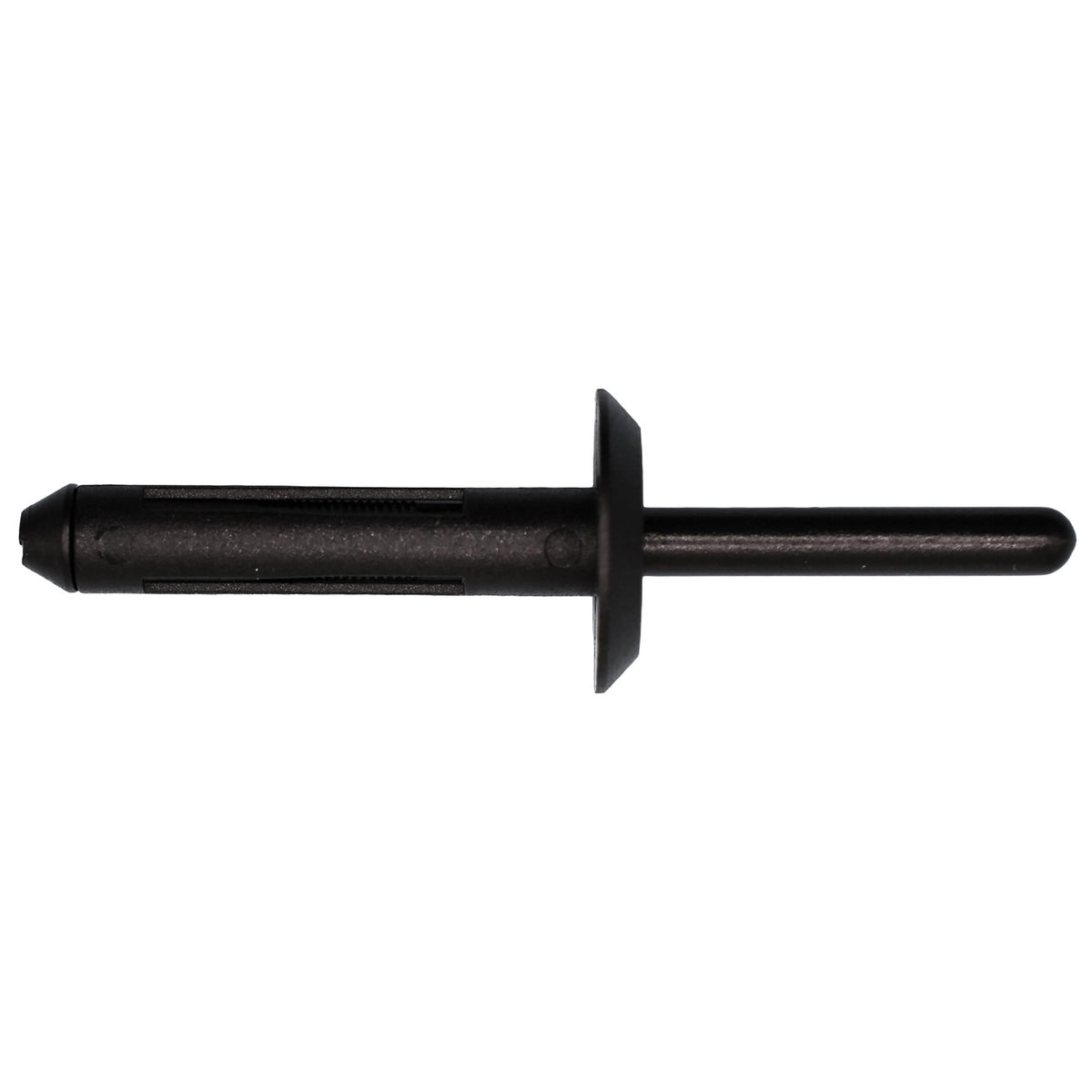 1/4" Black Nylon Rivet, 5/16"-15, 5/16" - 15/32" Grip Range, 21/32" Flange Diam