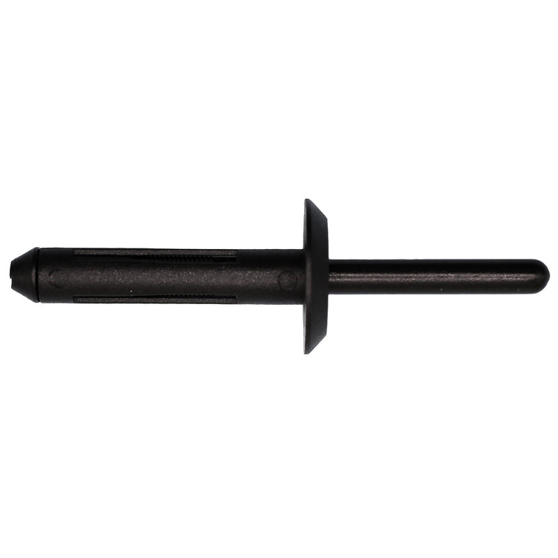 1/4" Black Nylon Rivet, 5/16"-15, 5/16" - 15/32" Grip Range, 21/32" Flange Diam
