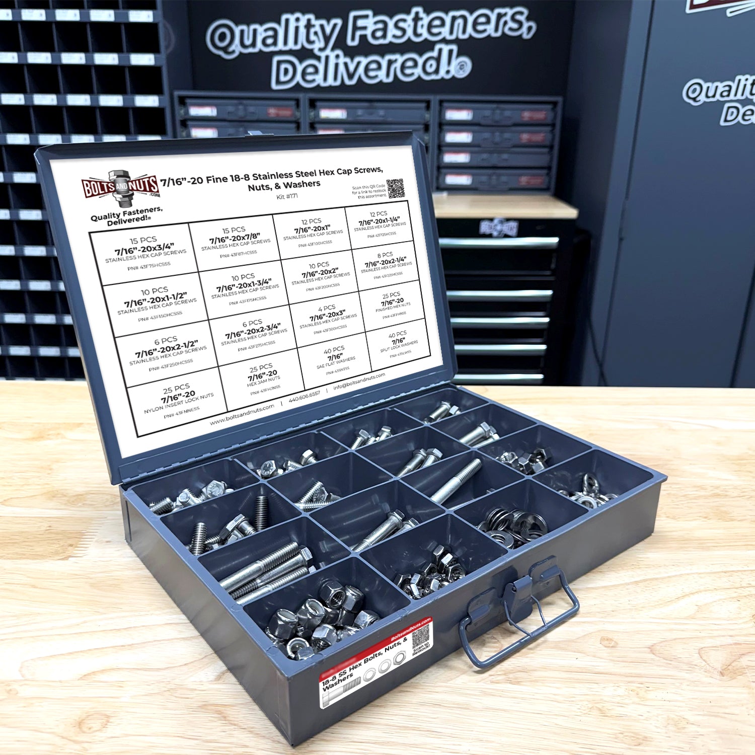 7/16"-20 Fine 18-8 Stainless Steel Hex Cap Screws, Nuts, & Washers - 264 PCS